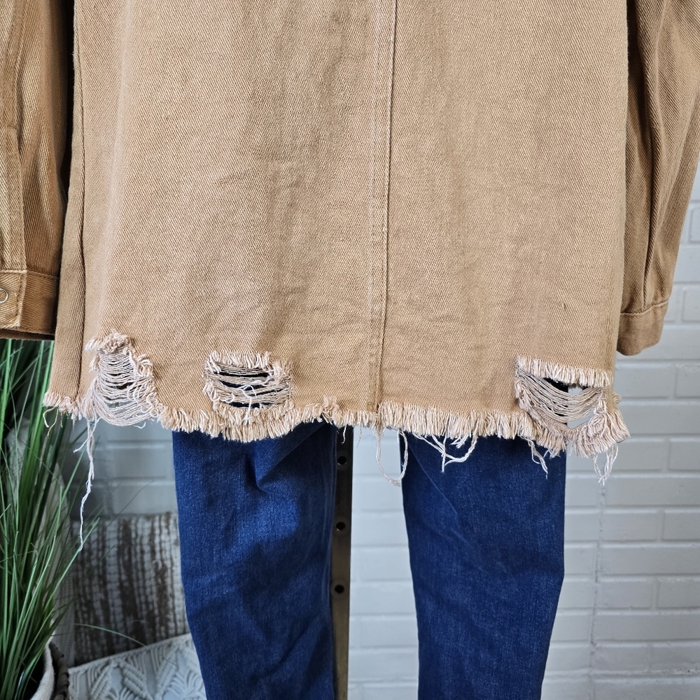 Unbranded Distressed Tan Button Up Denim Shirt Jacket Large - Picture 5 of 7